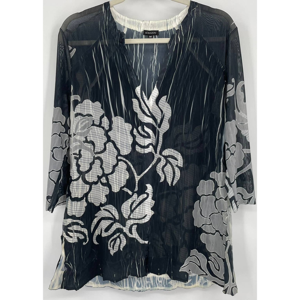 Komarov Floral Semi Sheer V-Neck Blouse Size Medium Crinkle Top Shirt